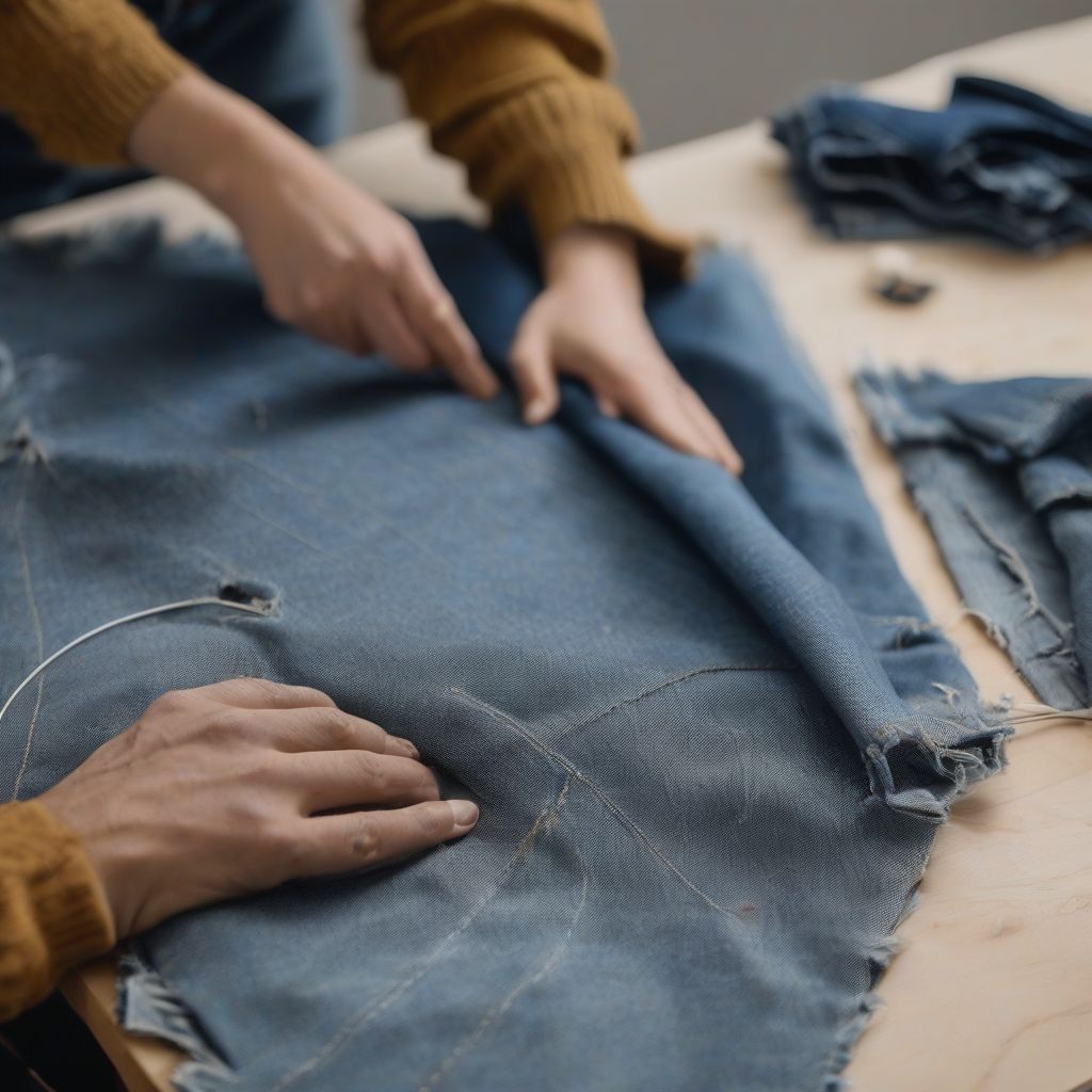 A Person Prepares to Cut Denim Fabric