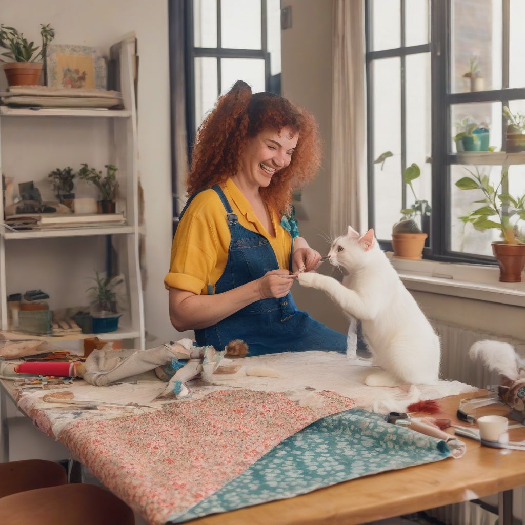 Woman Smiling While Upcycling Clothes at Home